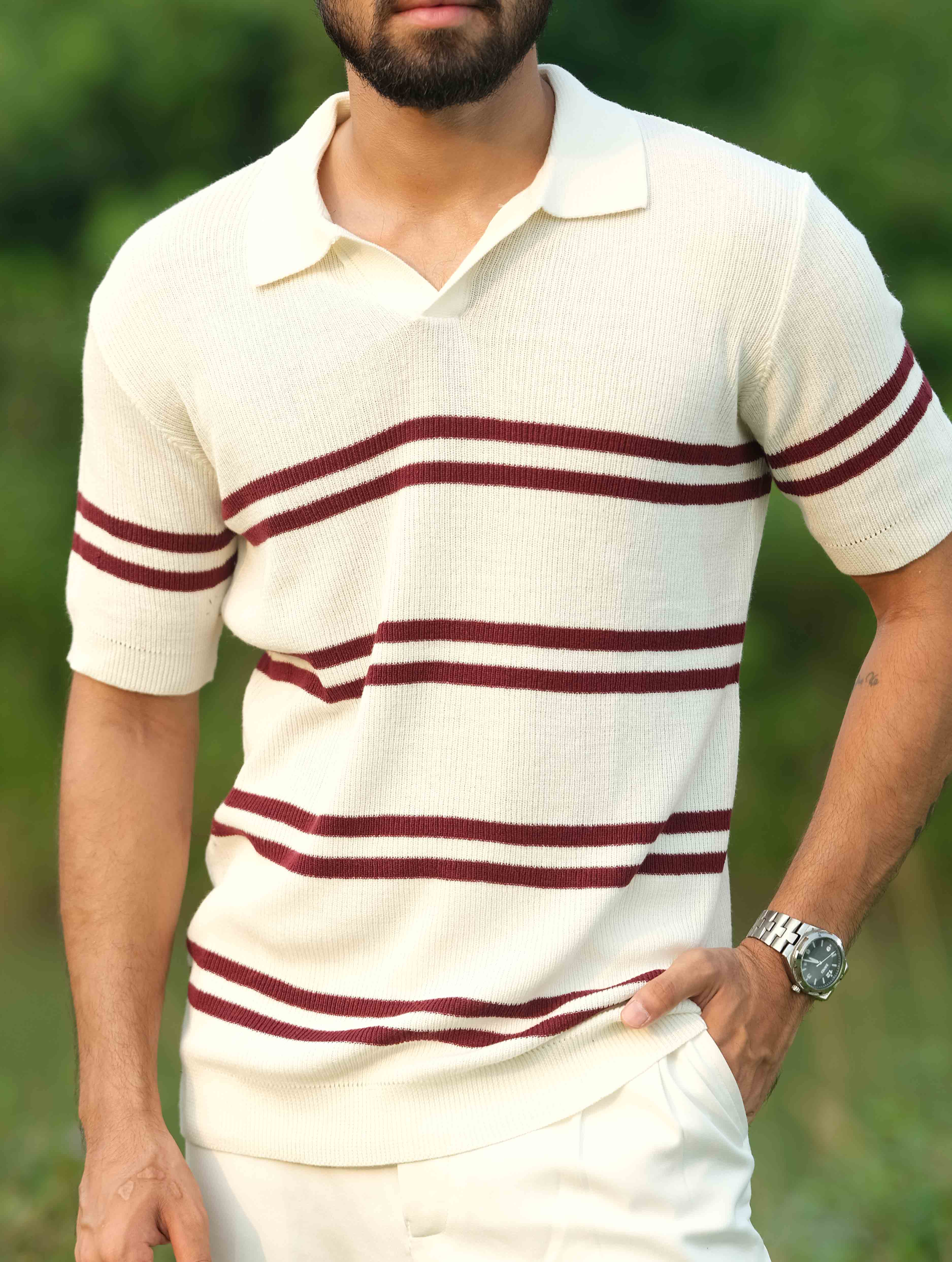 Cream - Maroon Double Stripe Knit Polo