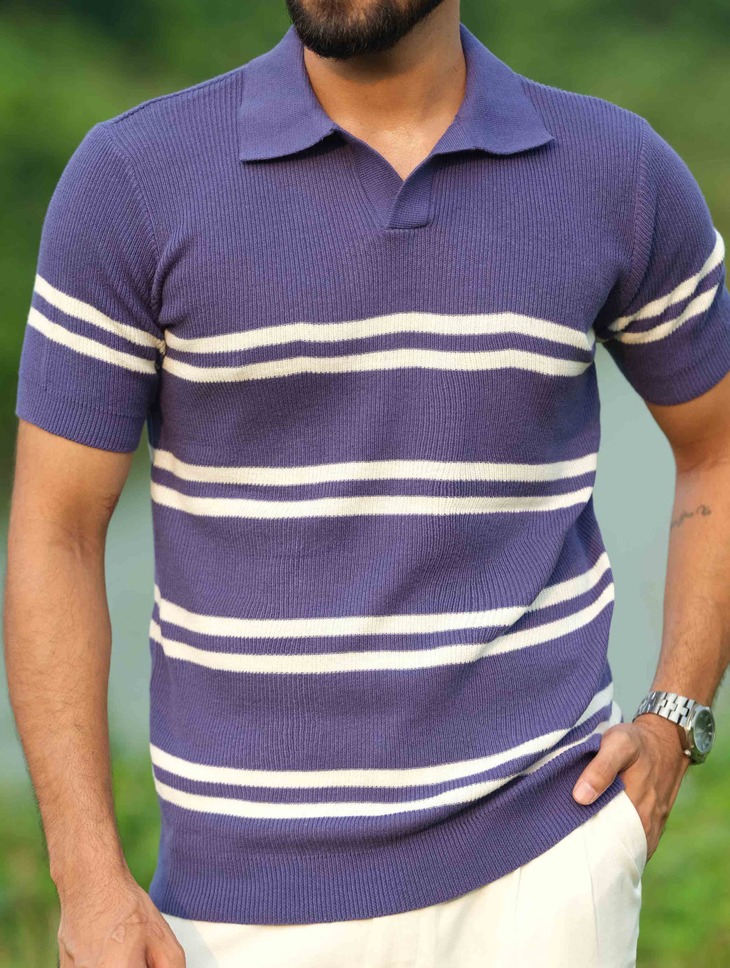 Purple - White Double stripe Stripe Knit Polo