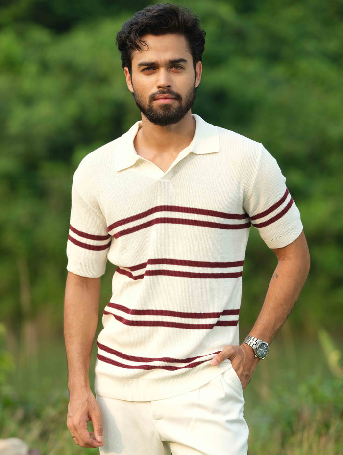Cream - Maroon Double Stripe Knit Polo