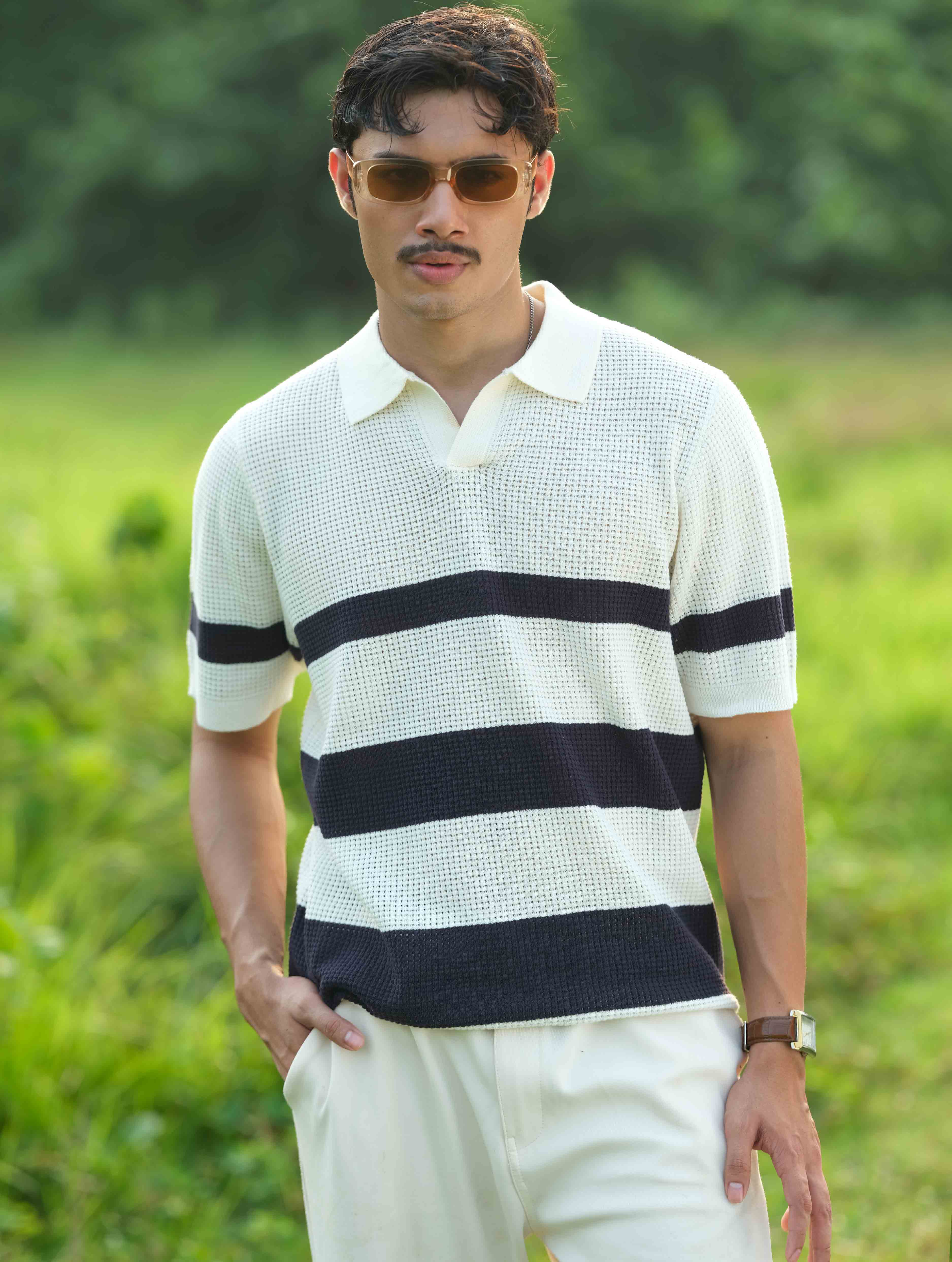 Cream - Black Stripe Knit Polo