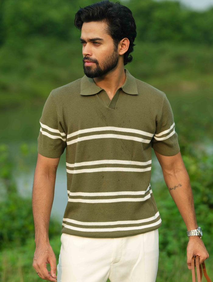 Forest Green - White Double Stripe Knit Polo