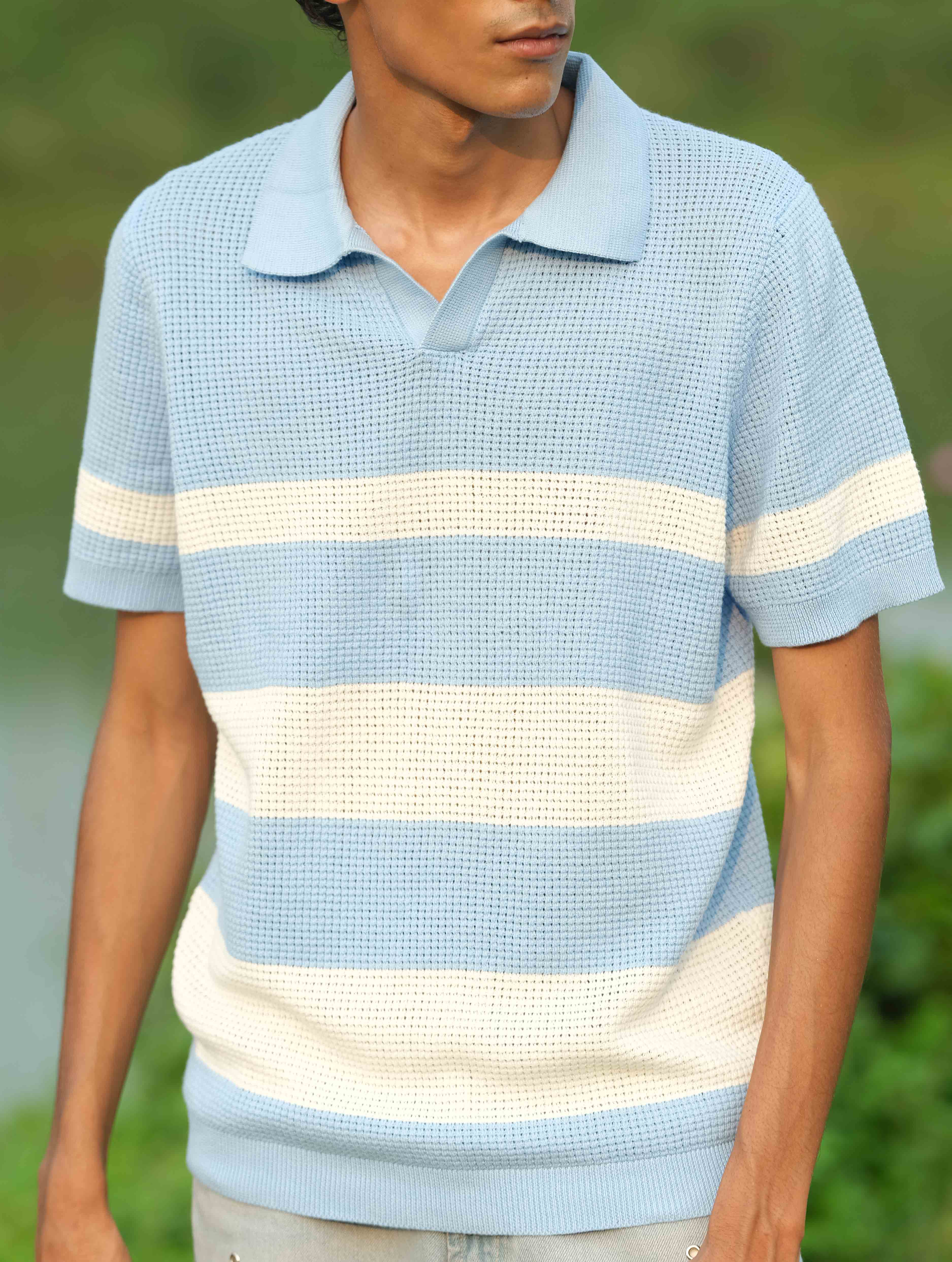 Sky - White Stripe Knit Polo