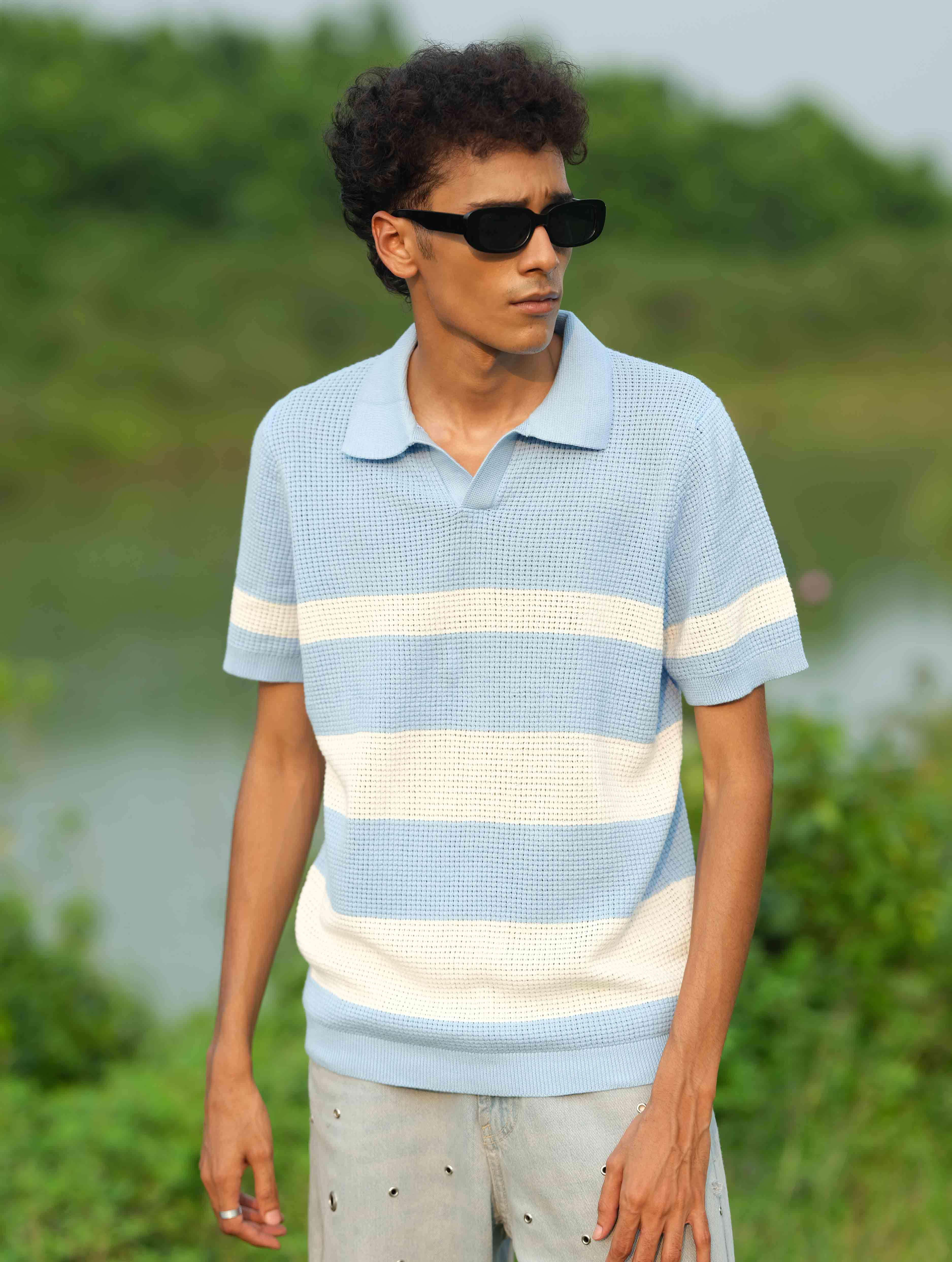 Sky - White Stripe Knit Polo
