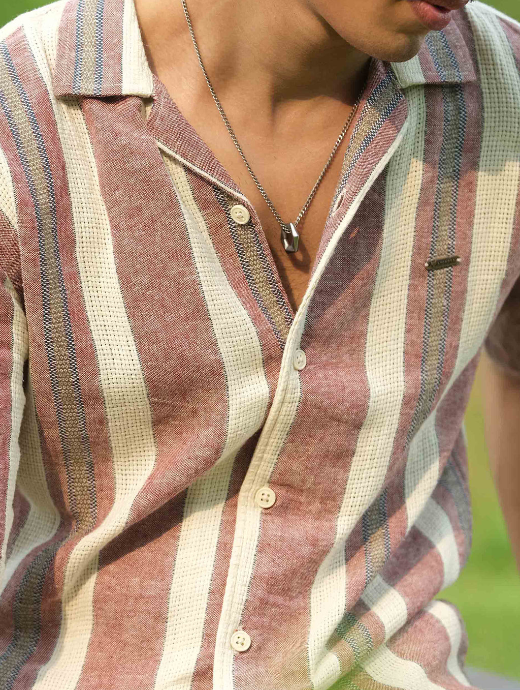 Cream Faded Red Stripe Drop-Shoulder Half Shirt