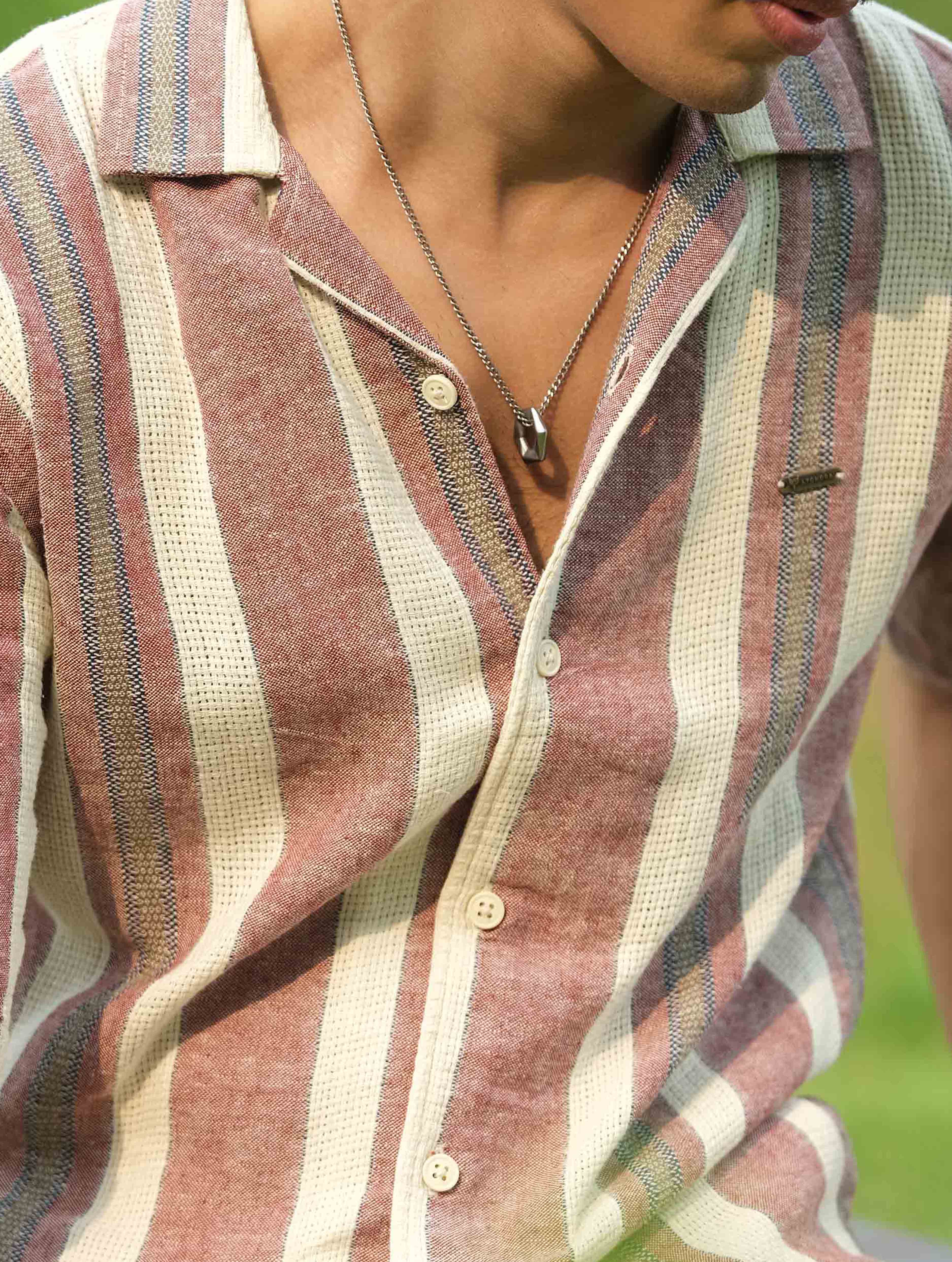 Cream Faded Red Stripe Drop-Shoulder Half Shirt