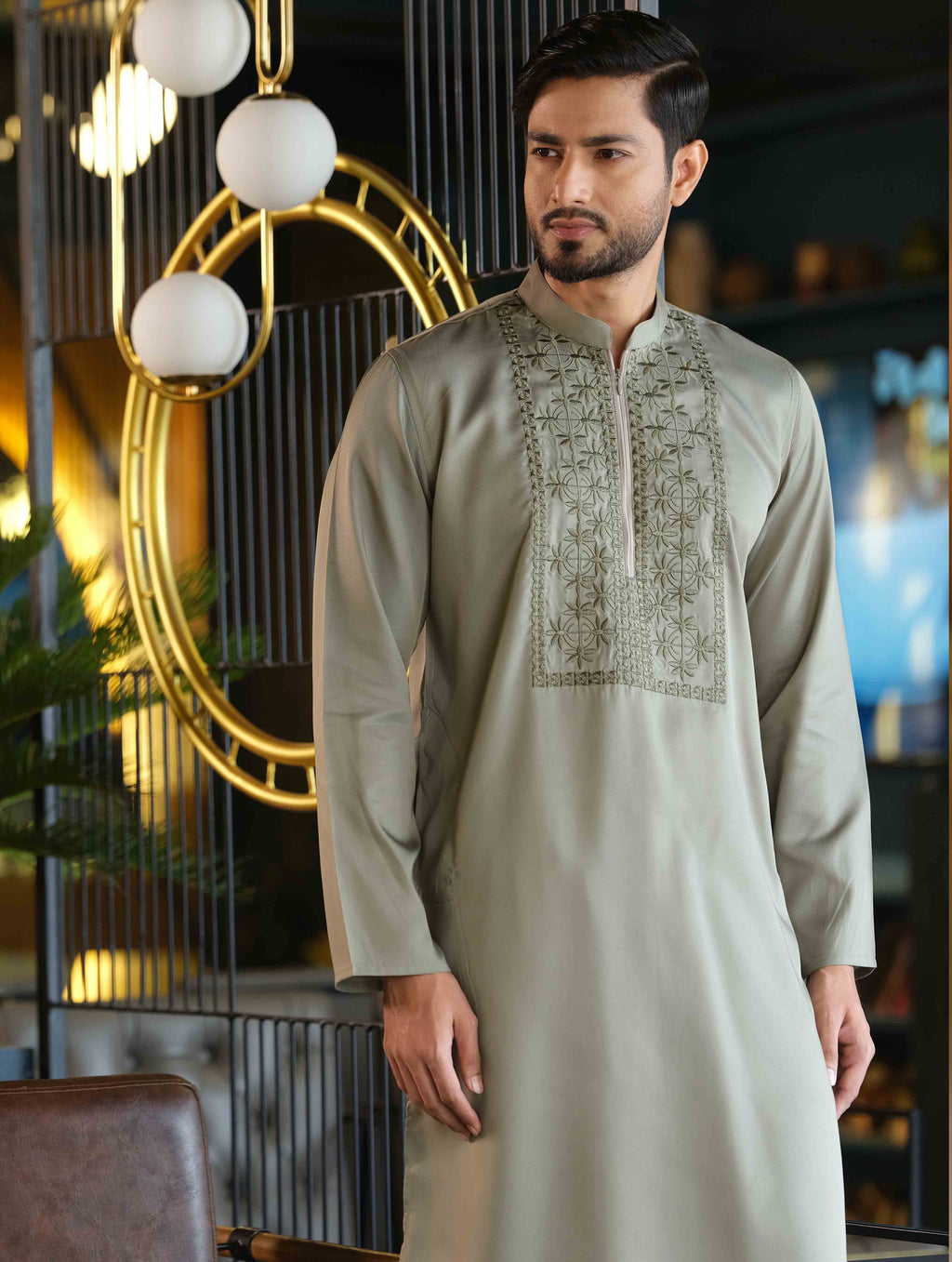 Moderate Olive Royal embroidered zipper design panjabi