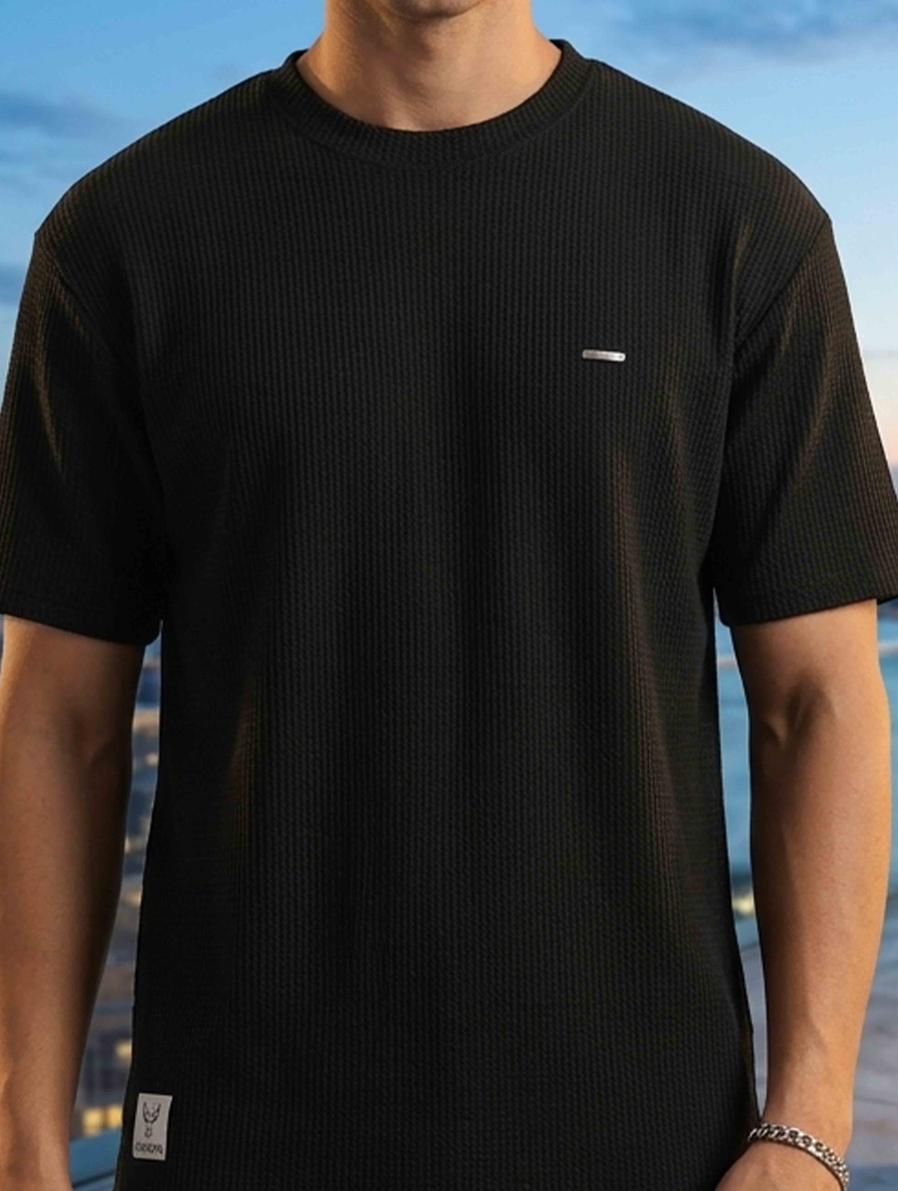 Ink Black Solid Waffle Fabric Semi Drop T-shirt