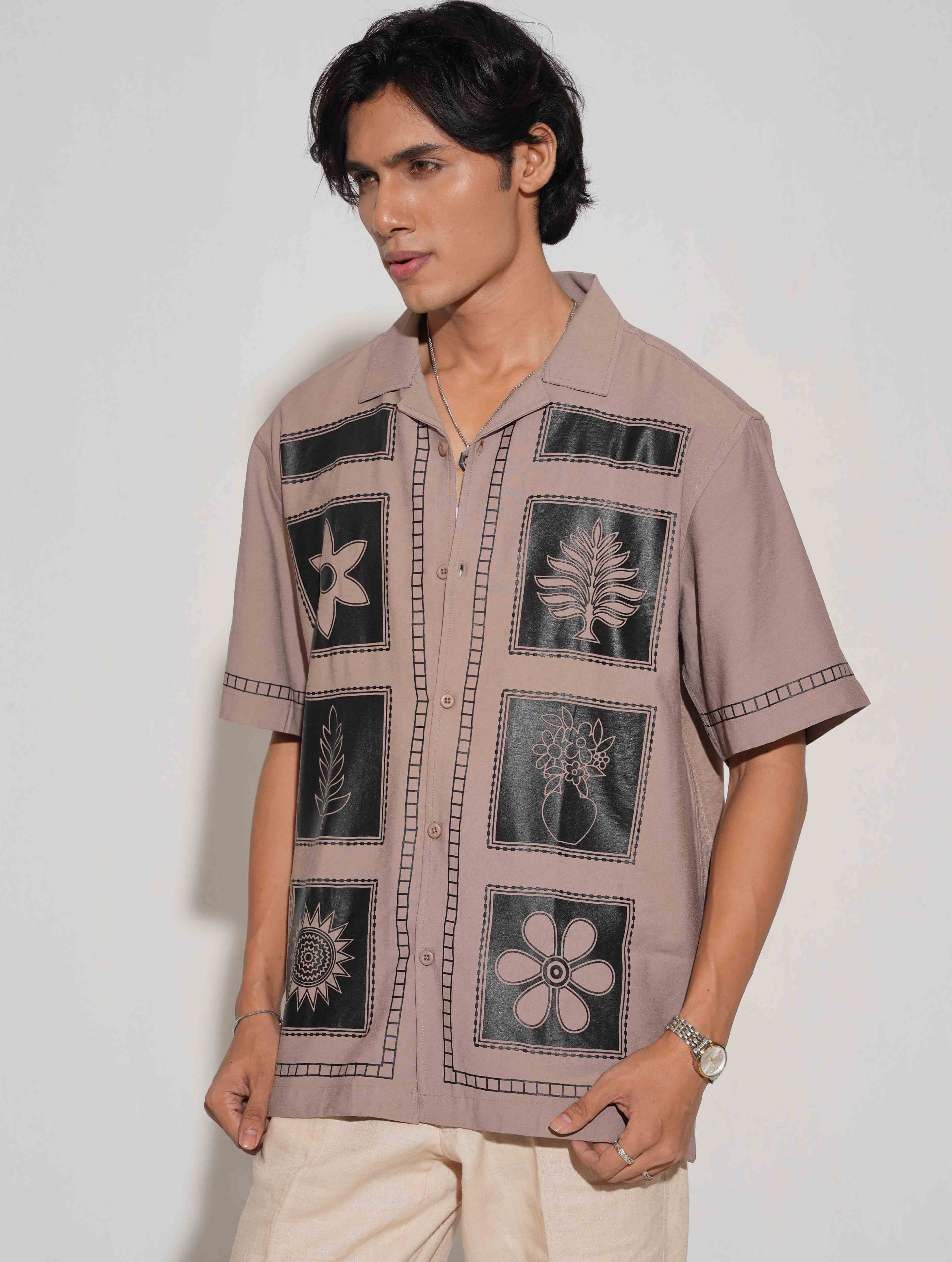 Beige Block Flower printed havana shirt