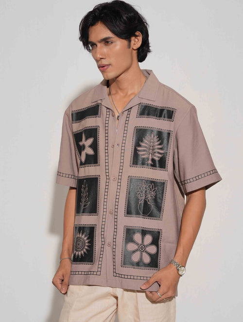 Beige Block Flower printed havana shirt