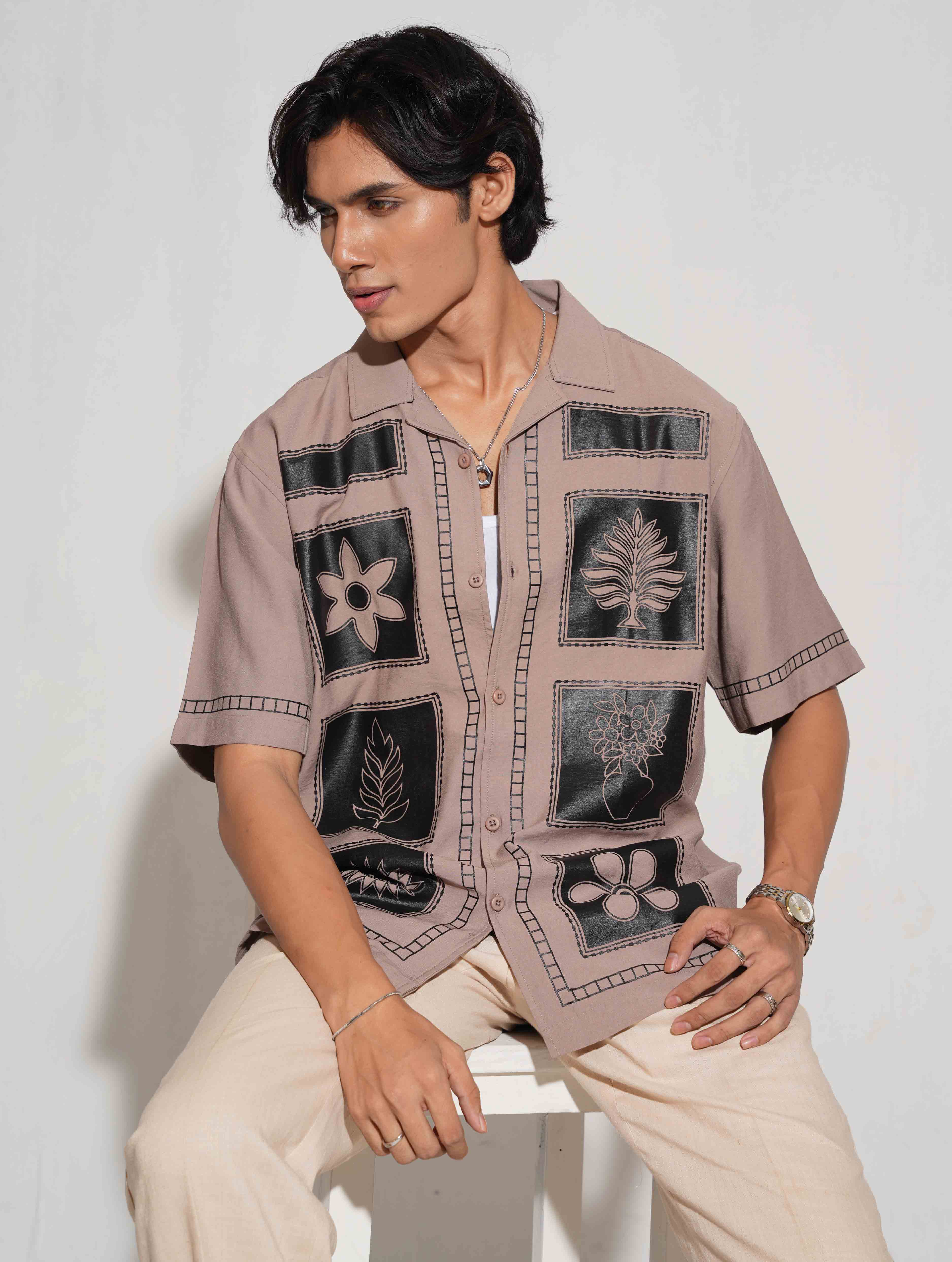 Beige Block Flower printed havana shirt