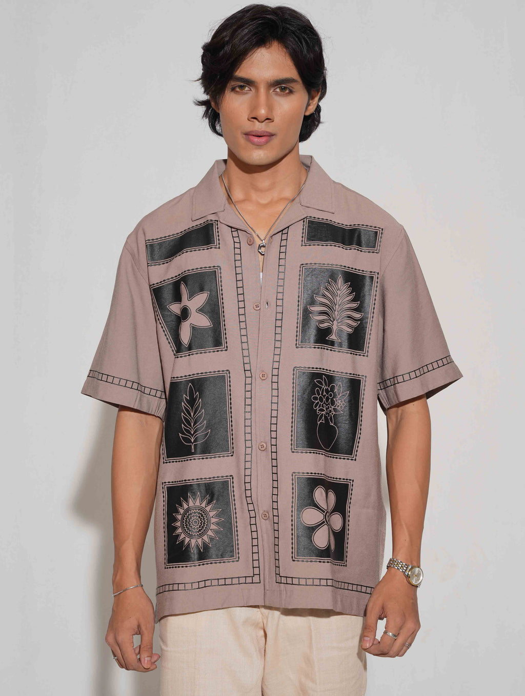 Beige Block Flower printed havana shirt
