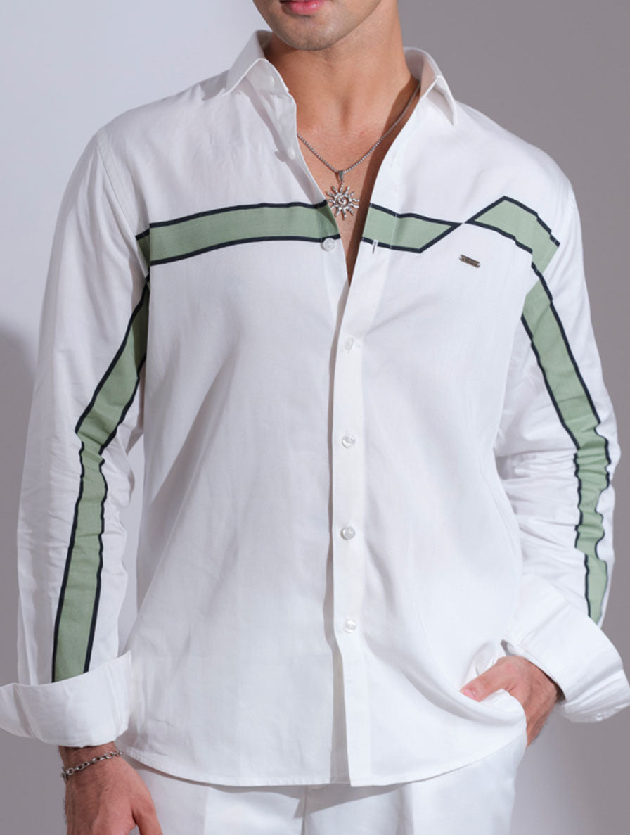 White - Green Chest Stripe Printed Full Sleeve Shirt