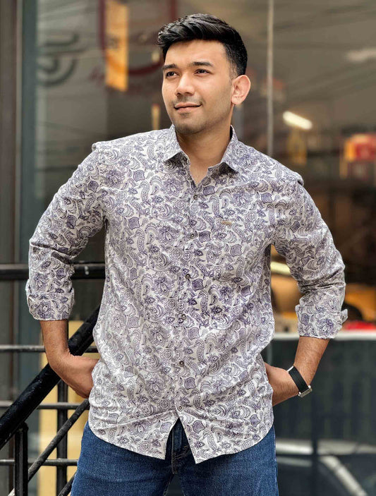 White Navy blue sankha printed full sleeve shirt