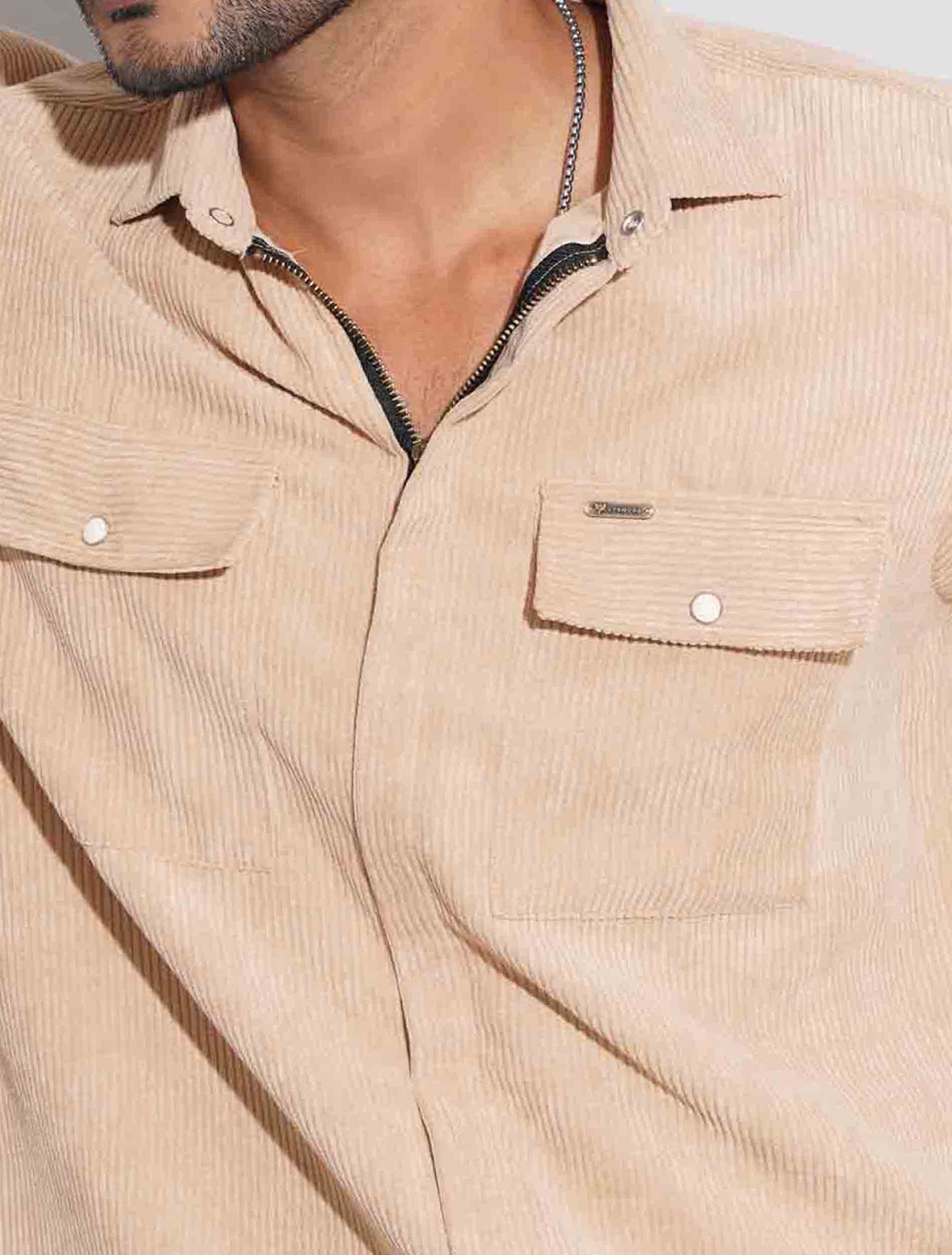 Brown Sand color chain design cord shirt