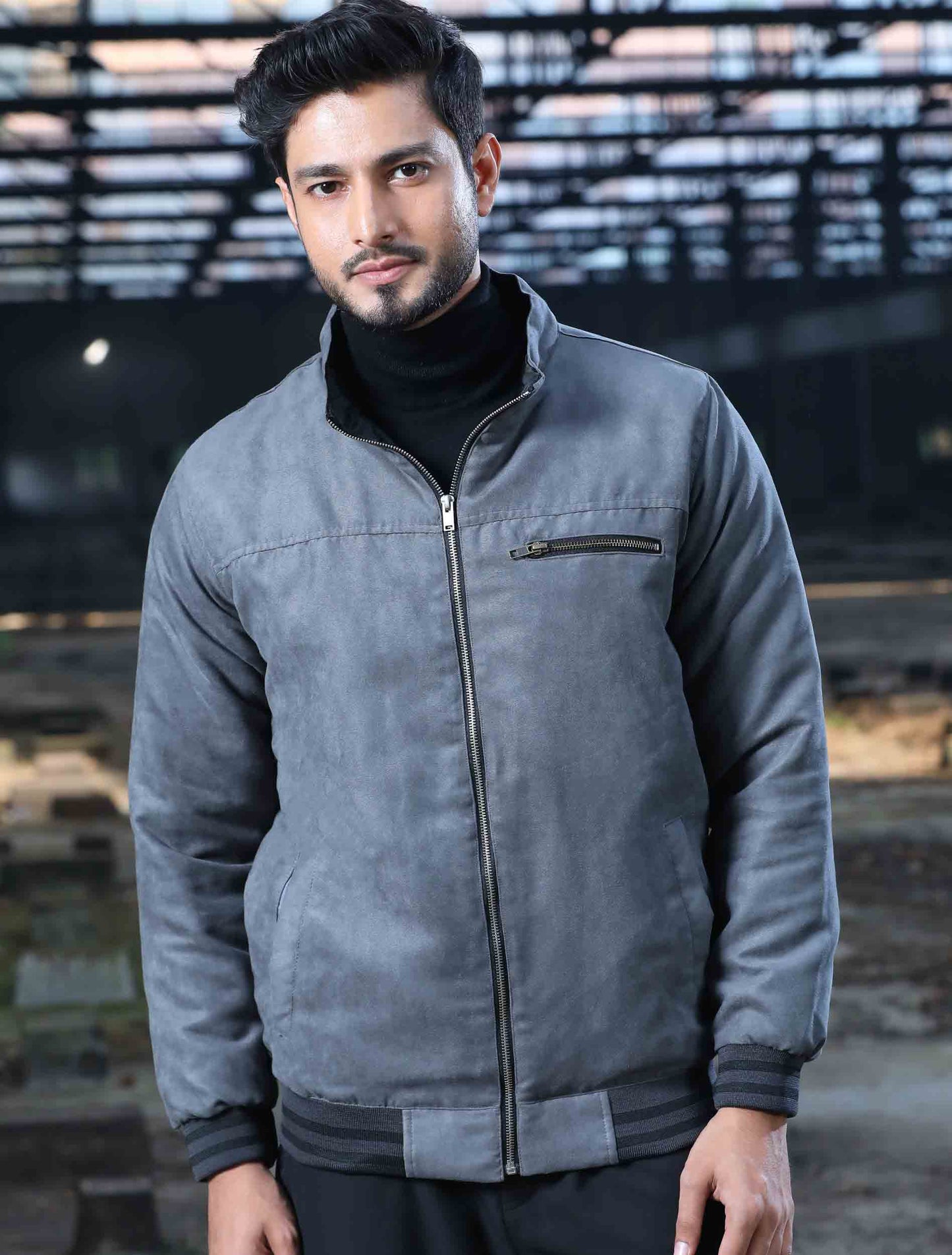 Grey solid suede leather premium jacket