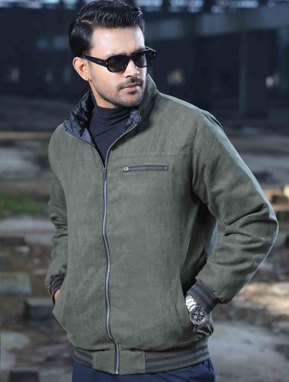 Matte olive solid suede leather premium jacket