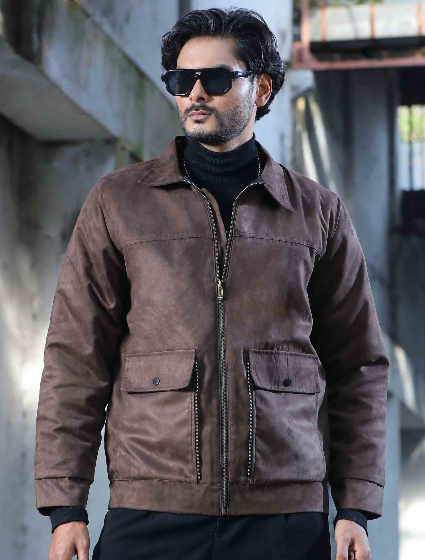 Dark coffee suede leather zipper design premium jacket