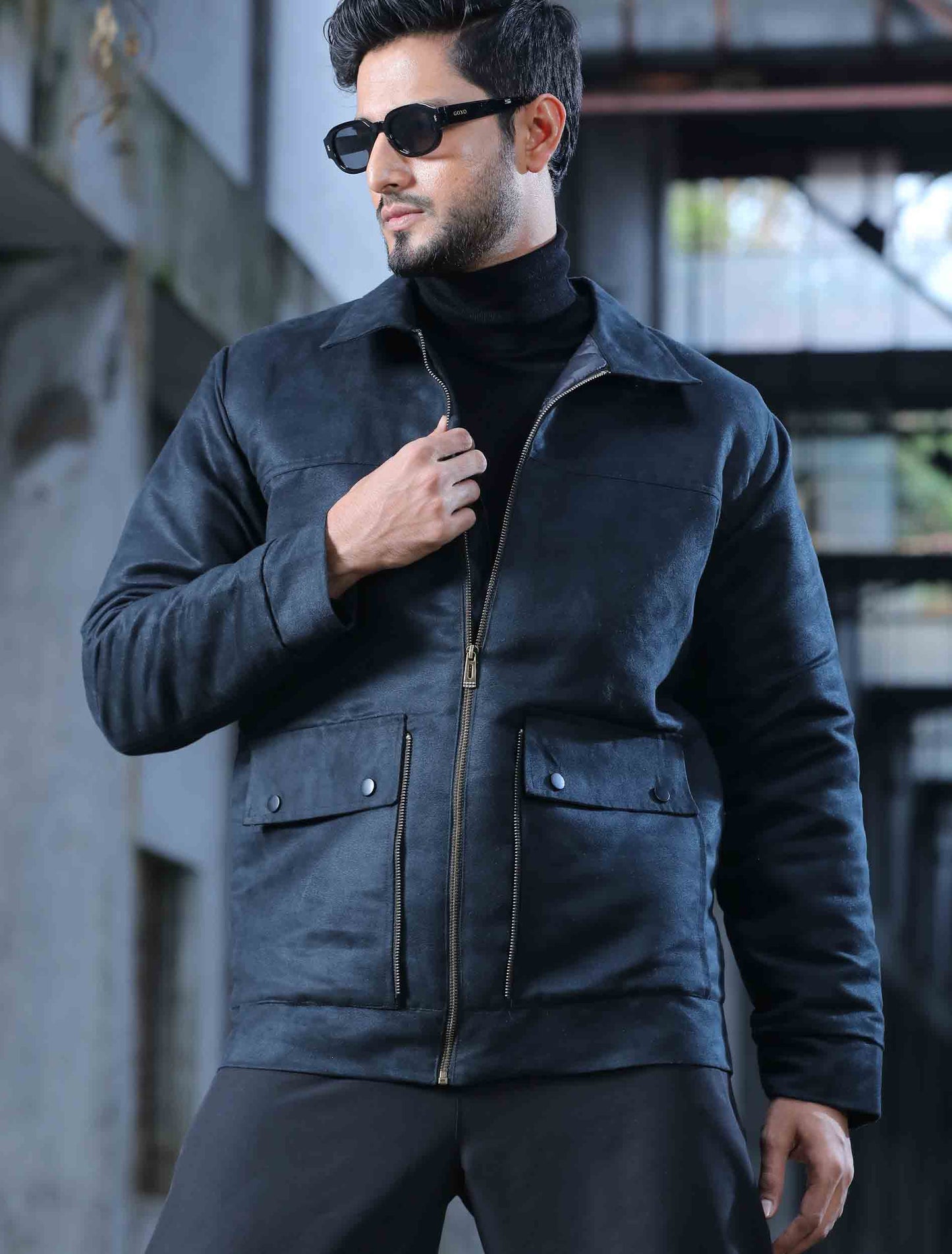 Dark gray suede leather zipper design premium jacket