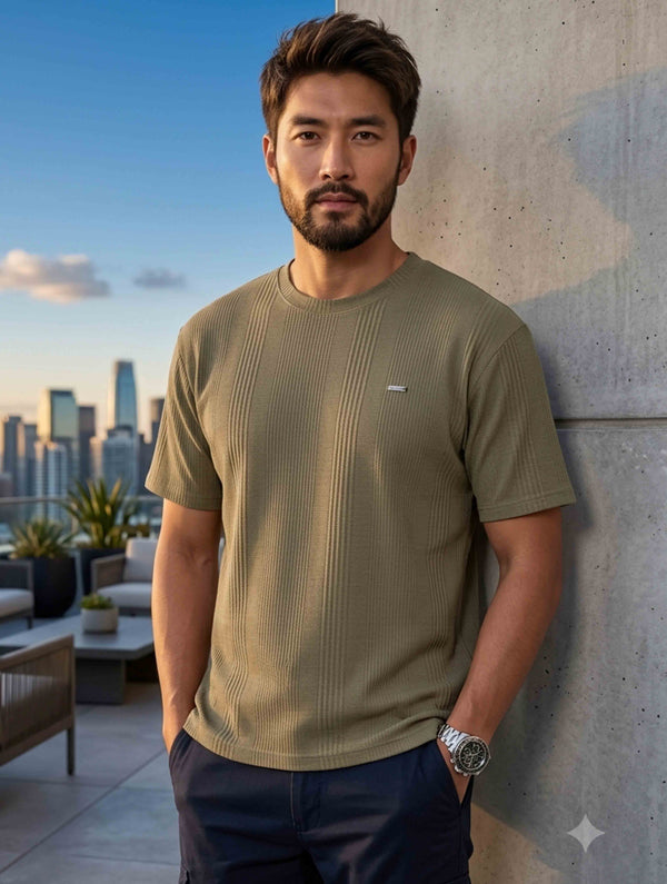 Olive Solid Texture Waffle Fabric Semi Drop T-shirt