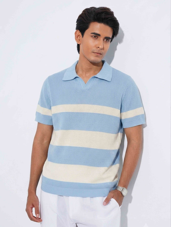 Sky - White Stripe Knit Polo