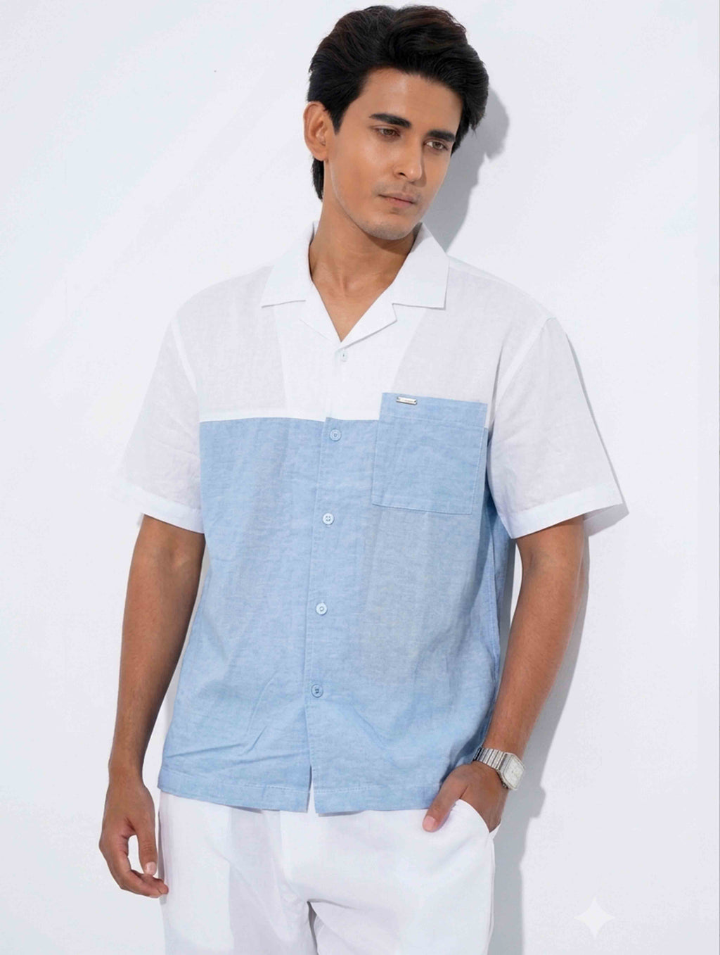 White - Sky Contrast Remi Cotton Havana Shirt