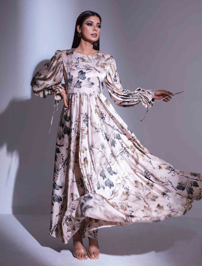 Baby pink and olive printed Gown design female dress