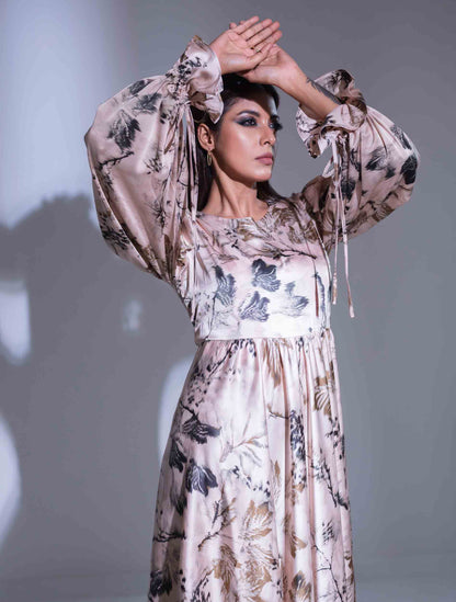 Baby pink and olive printed Gown design female dress