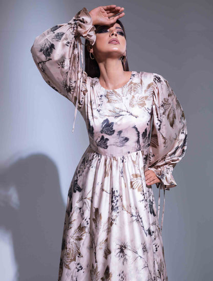 Baby pink and olive printed Gown design female dress