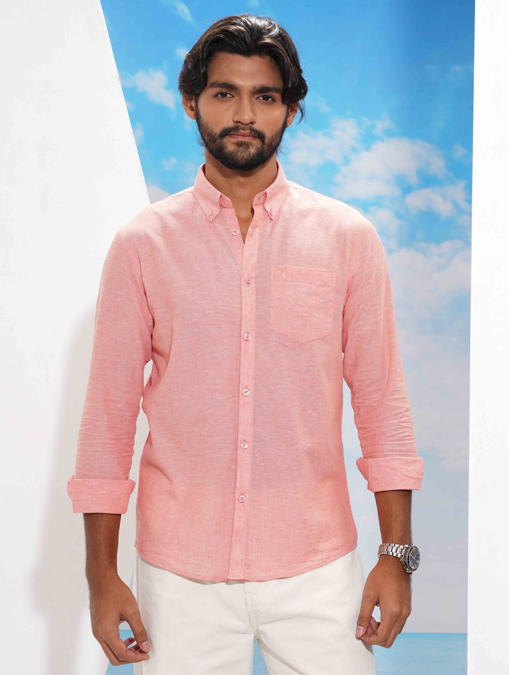 Salmon pink solid remi cotton full sleeve shirt