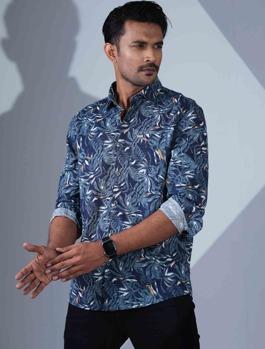 Admiral Blue leaf printed cotton full sleeve shirt