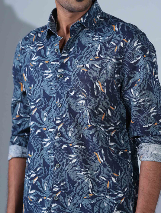 Admiral Blue leaf printed cotton full sleeve shirt