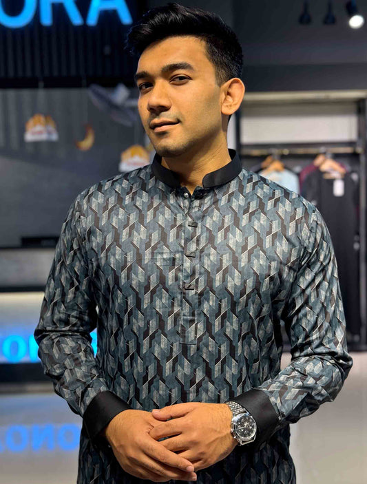Shadow gray 3D abstract Printed Premium Panjabi