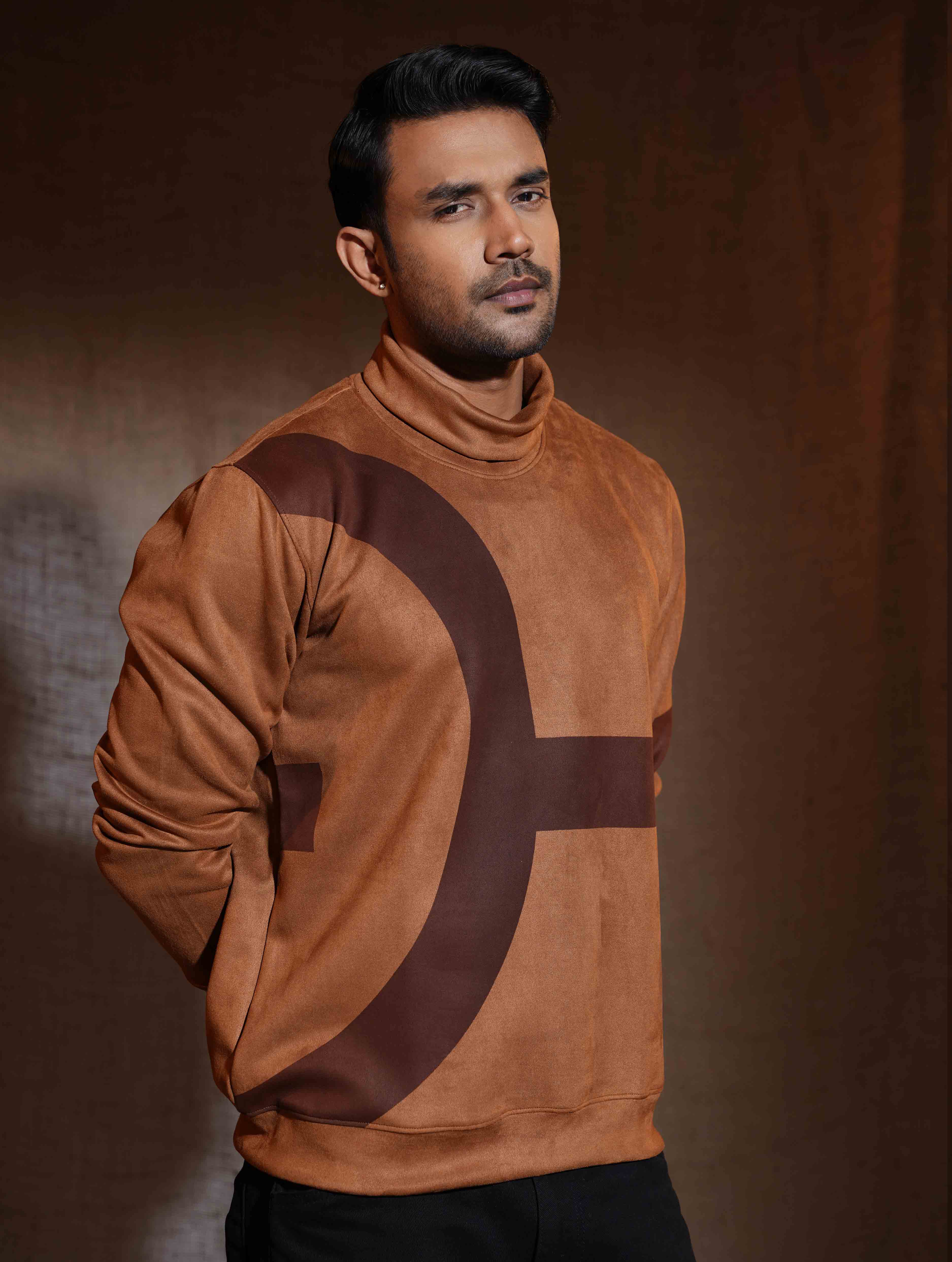 Copper Brown - Chocolate Suede leather High Neck Sweat Shirt