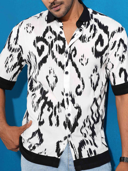 White and black scroll damask printed drop shoulder shirt