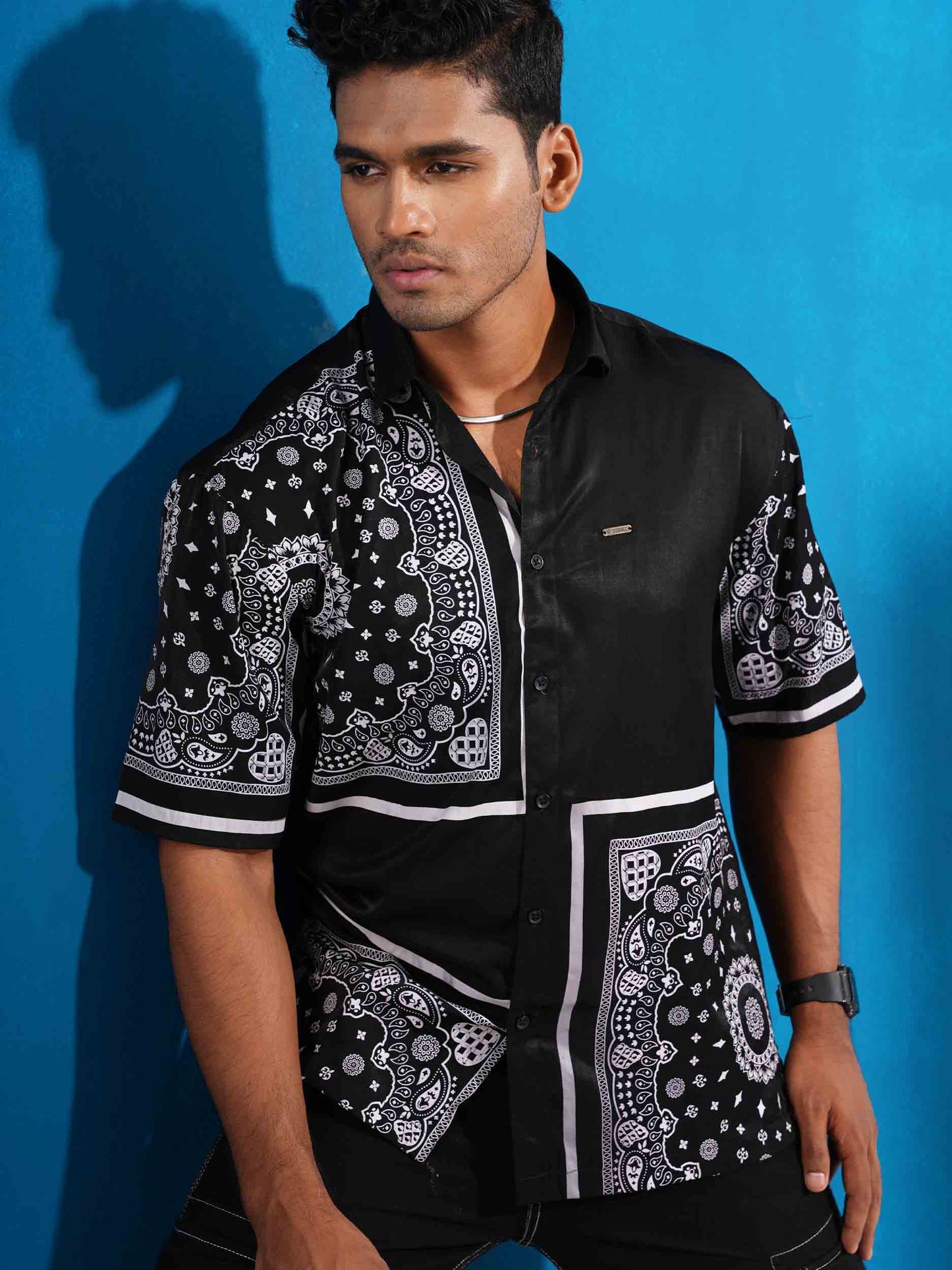 Black block printed drop shoulder shirt