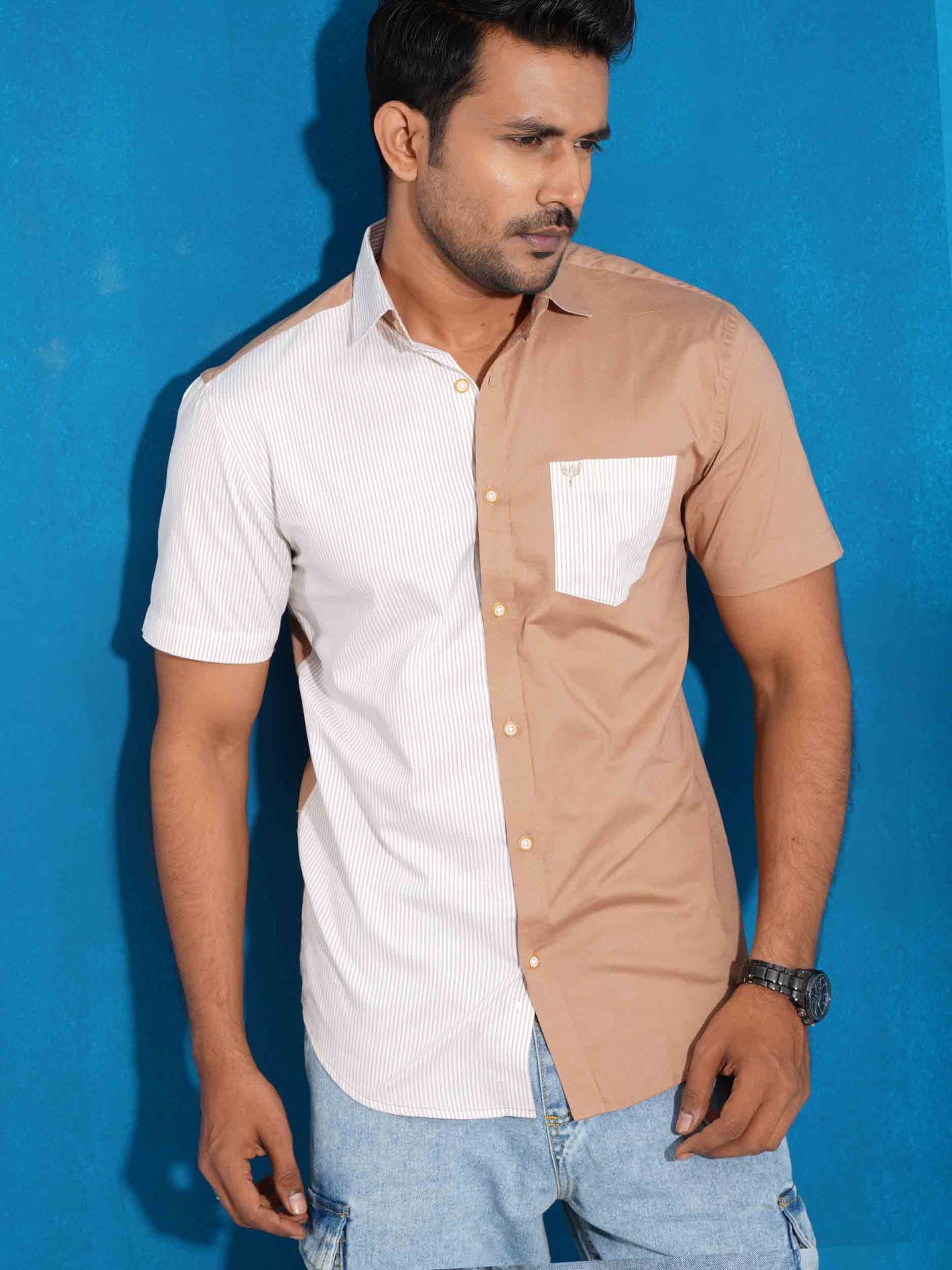 Tortilla brown stripe contrast half sleeve shirt