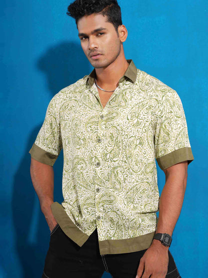 Pickle color sankha printed olive contrast Drop-shoulder half sleeve.