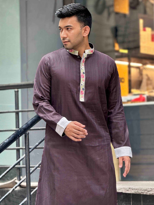 Midnight Black Flower Embroidery Premium Cotton Panjabi