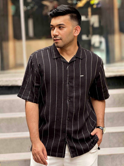 Jet Black white thin stripe Havana shirt
