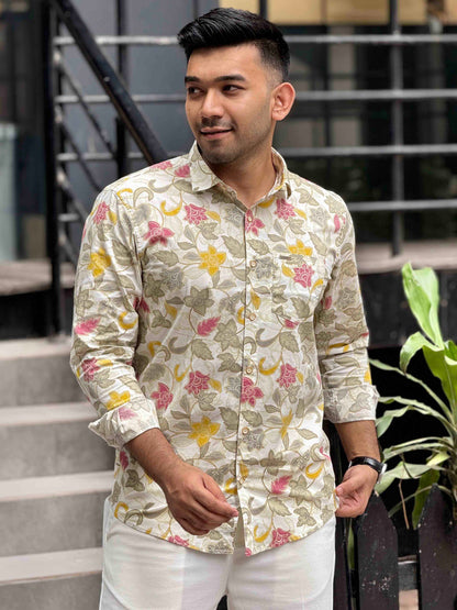 Cream multicolor flower printed full sleeve shirt