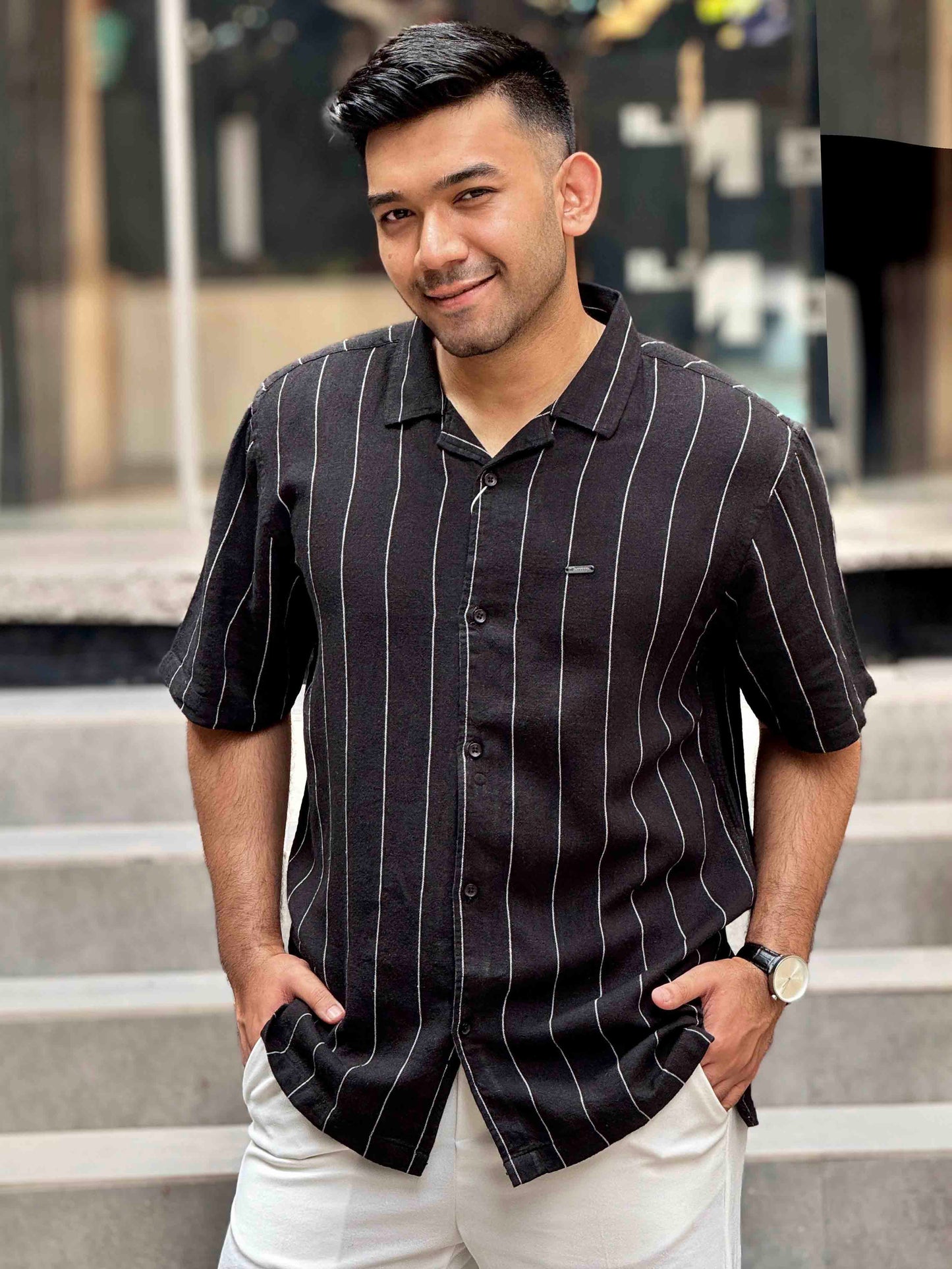Jet Black white thin stripe Havana shirt