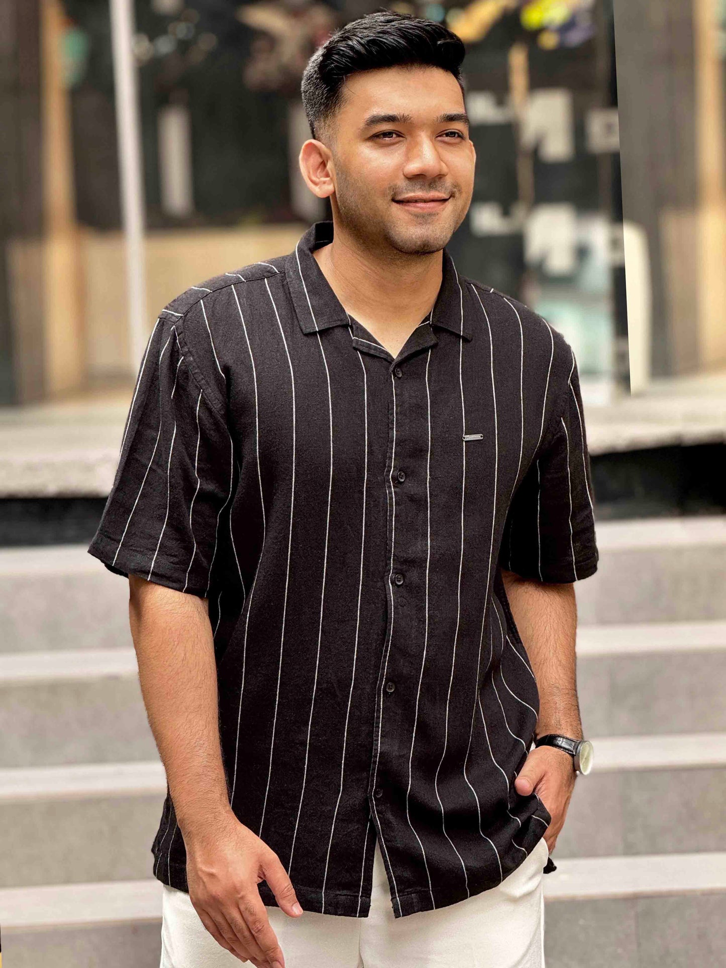 Jet Black white thin stripe Havana shirt