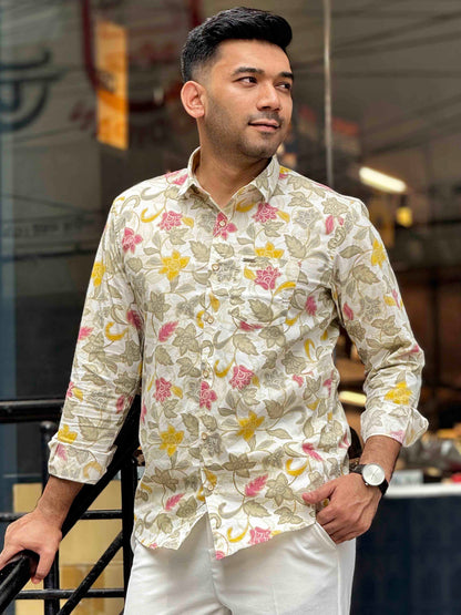 Cream multicolor flower printed full sleeve shirt