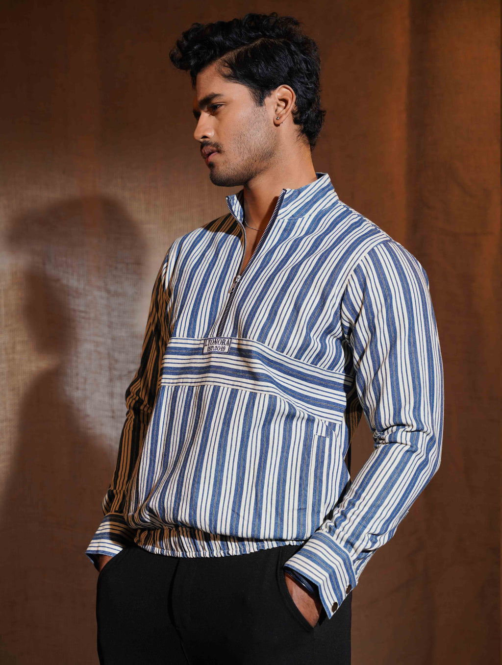 White double stripe  Blue half zipper jacket