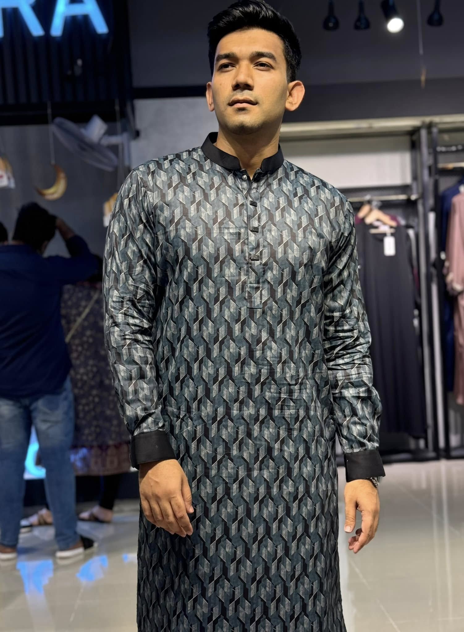 Shadow gray 3D abstract Printed Premium Panjabi