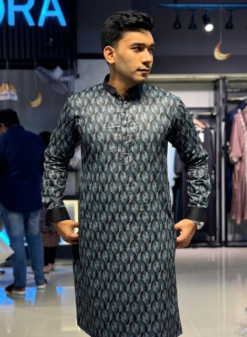 Shadow gray 3D abstract Printed Premium Panjabi