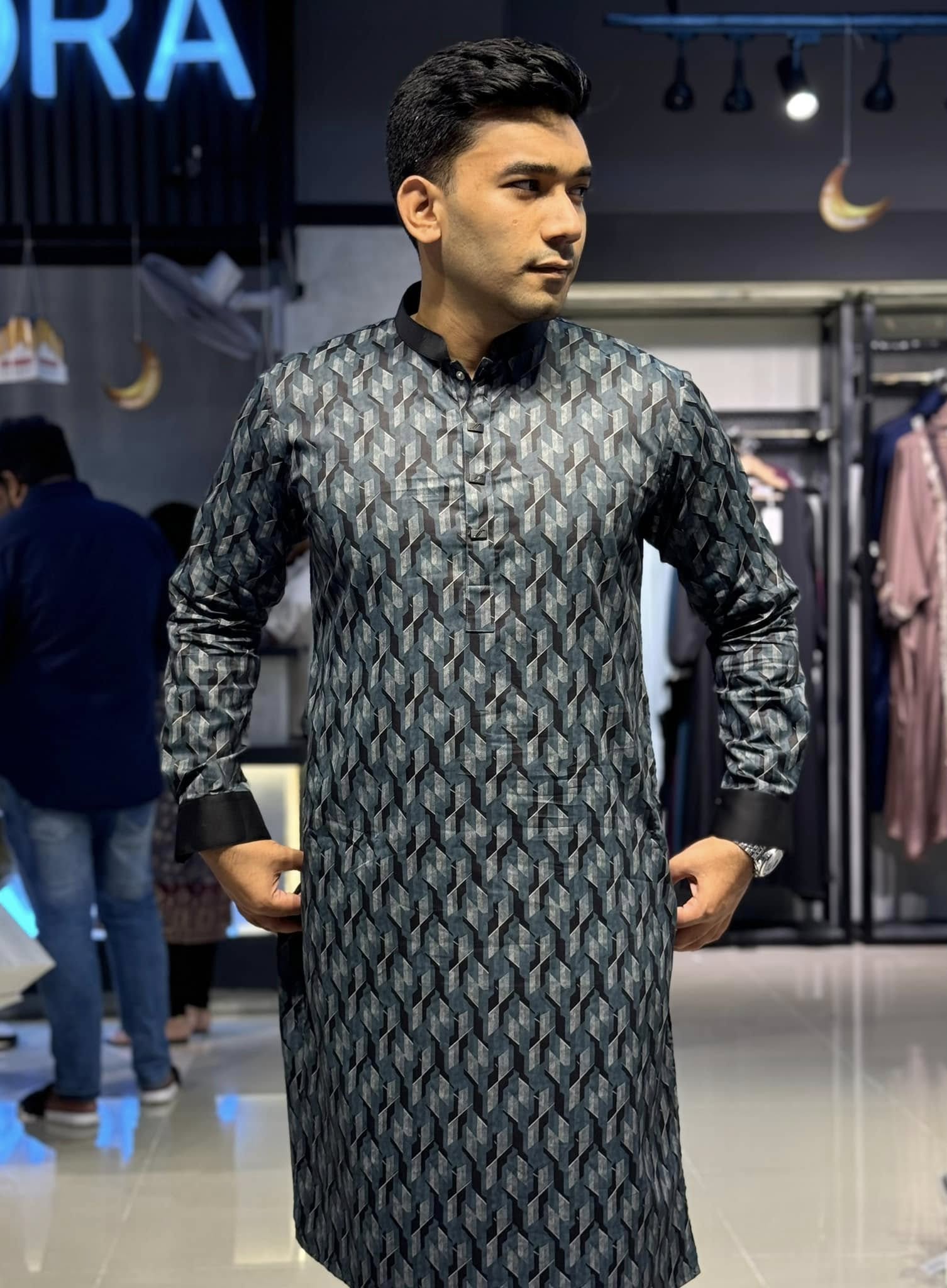 Shadow gray 3D abstract Printed Premium Panjabi