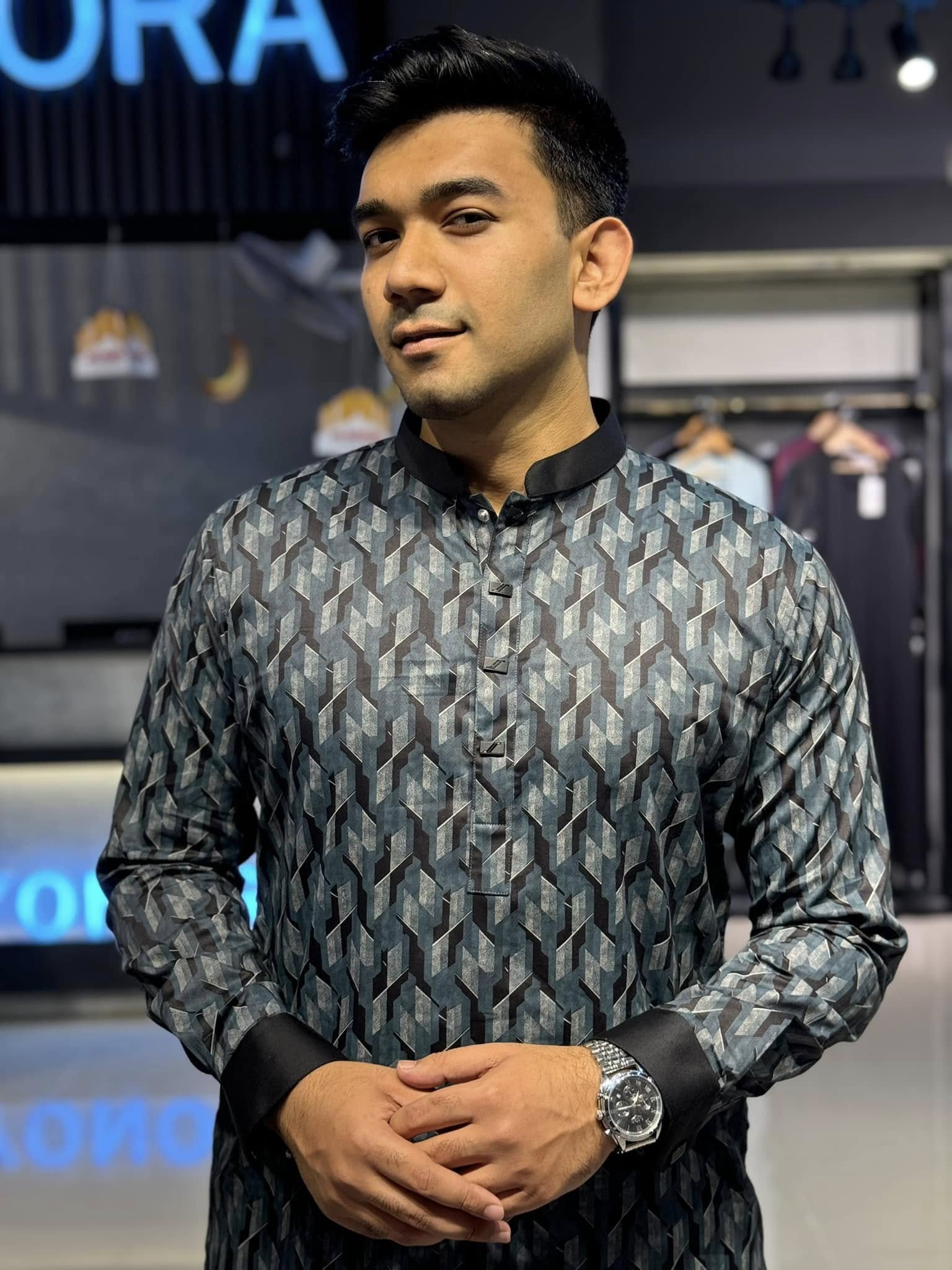 Shadow gray 3D abstract Printed Premium Panjabi