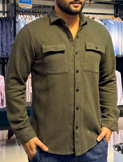 Olive Solid Double pocket cord shacket