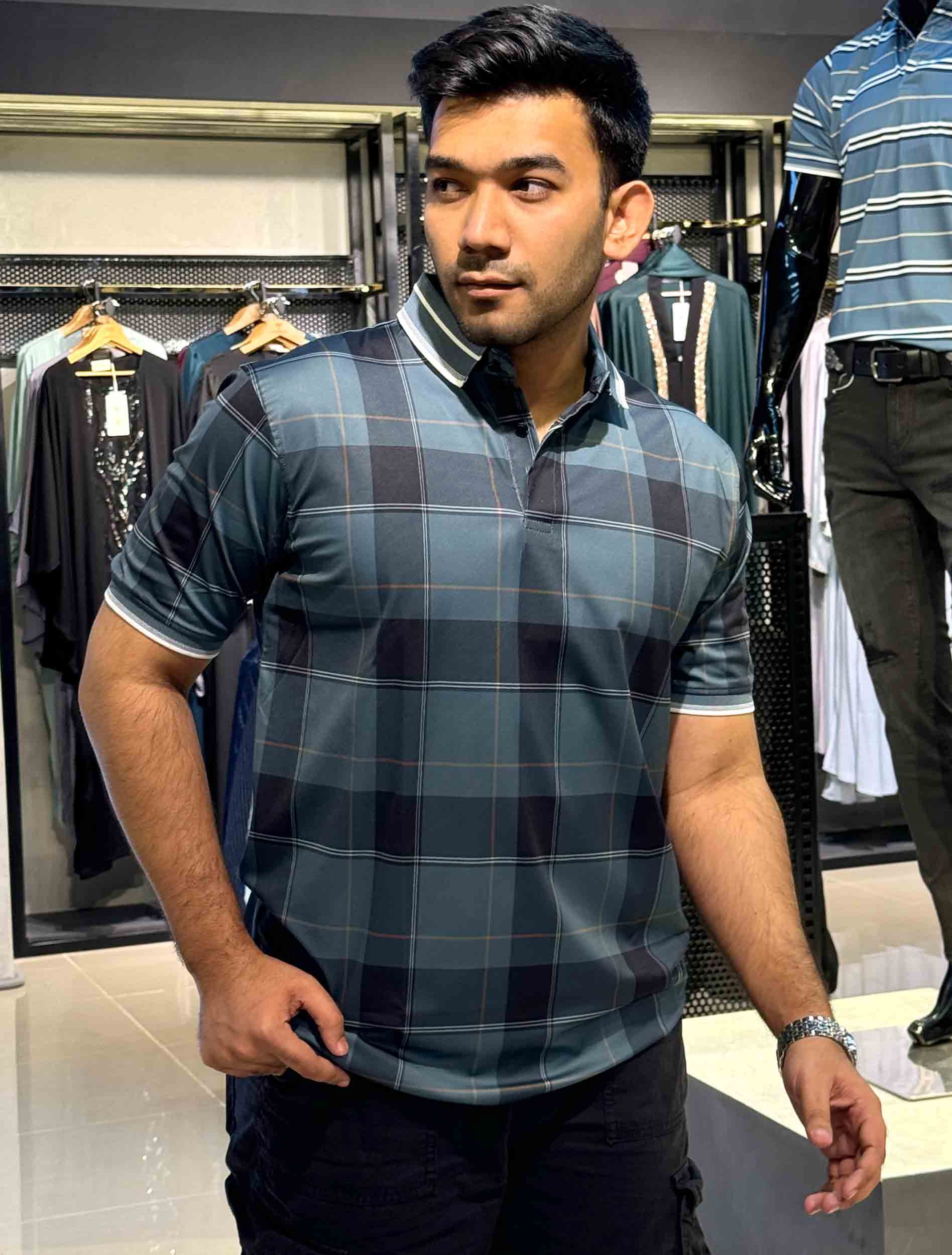 Hunter green Black check premium polo shirt
